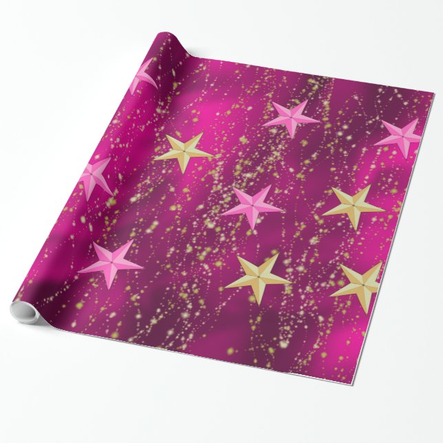 Arabian Nights Magenta & Gold Stars Wrapping Paper (Unrolled)