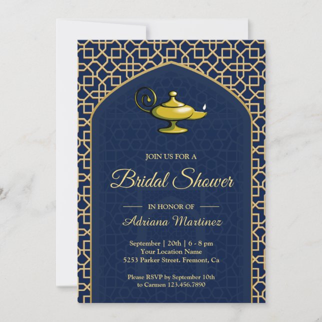 Arabian Nights Magic Lamp Blue Bridal Shower Invitation (Front)
