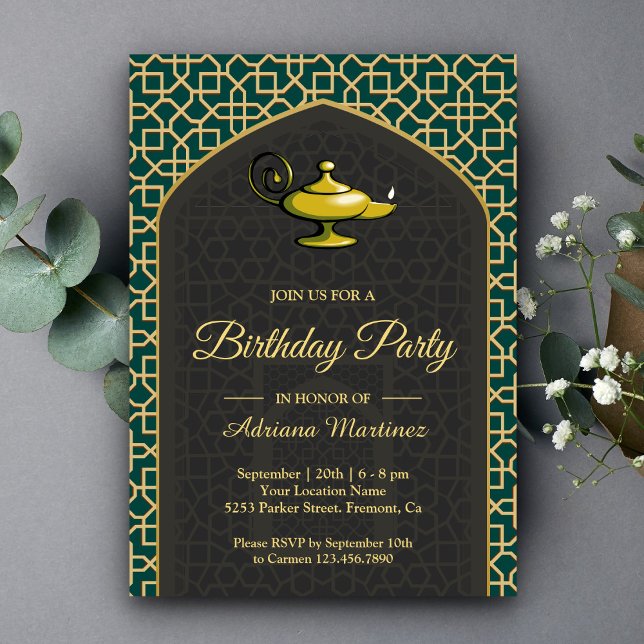 Arabian Nights Magic Lamp Teal Gray Birthday Invitation (Creator Uploaded)