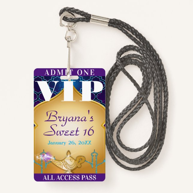 Arabian Nights Moroccan Party Sweet 16 VIP Pass Badge (Front with Lanyard)
