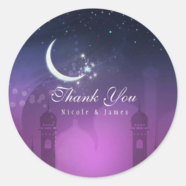 Arabian Nights Moroccan Purple Moonlight Classic Round Sticker (Front)