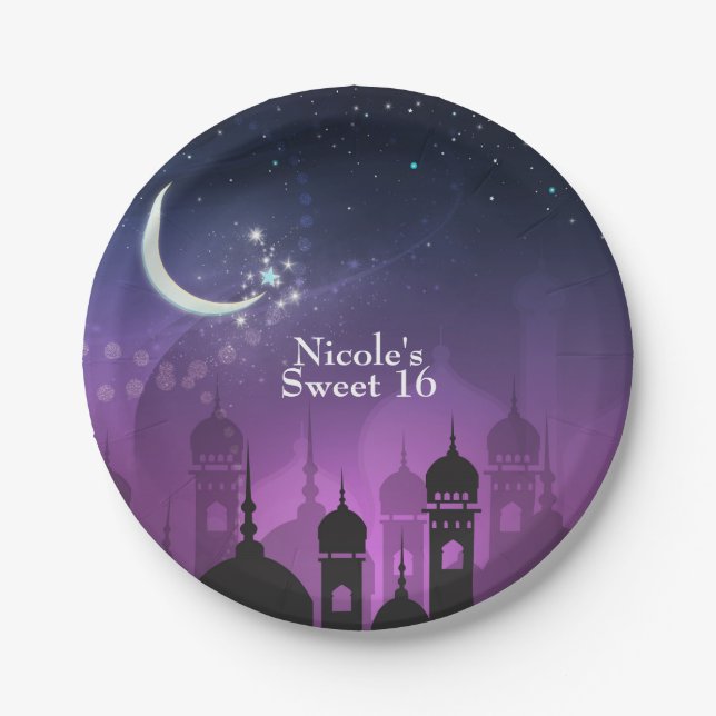 Arabian Nights Moroccan Purple Moonlight Paper Plates (Front)