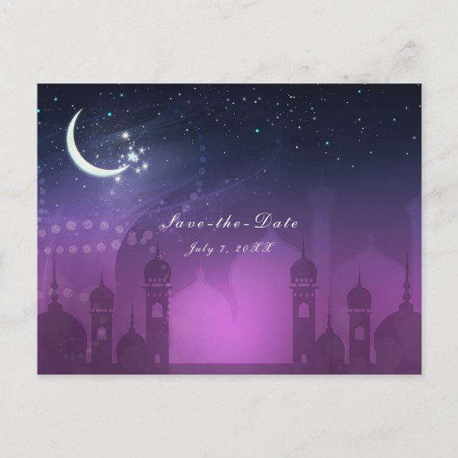 Arabian Nights Moroccan Purple Moonlight Save Date Announcement Postcard (Front)