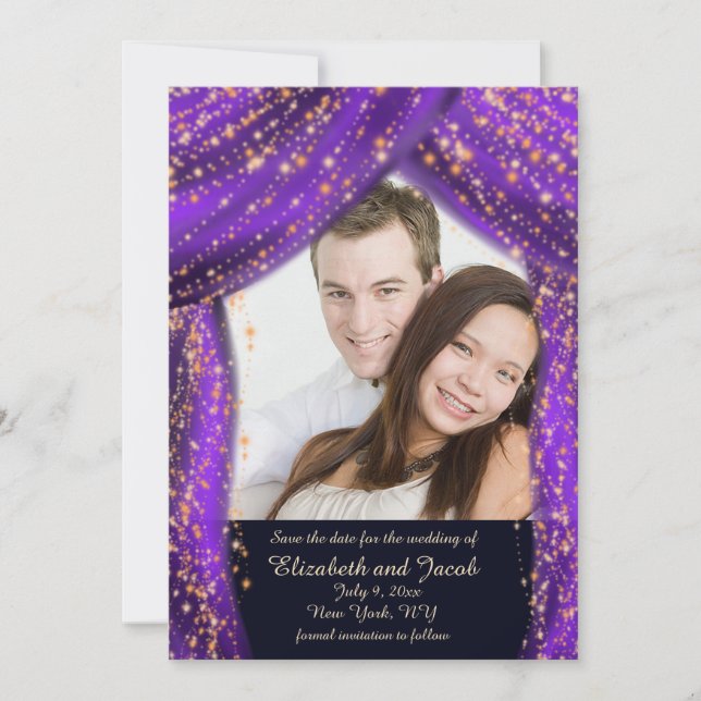 Arabian Nights Purple & Gold Photo Save the Date (Front)
