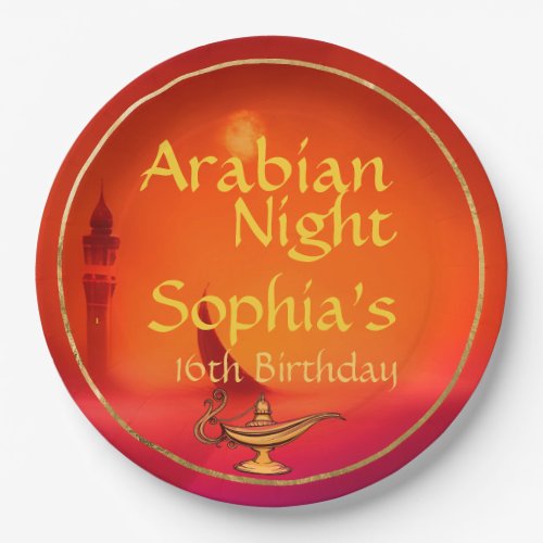 Arabian Nights Red and Gold Custom Name Birthday  Paper Plates