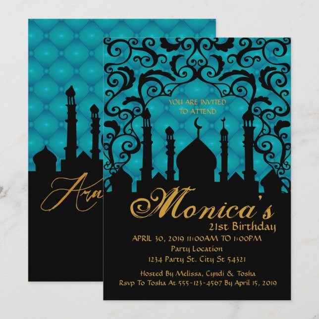 Arabian Nights, Teal Birthday Invitation (Front/Back)