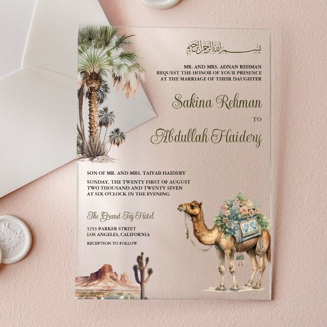 Arabian Palm Desert Camel Muslim Wedding Acrylic Invitations (Creator Uploaded)
