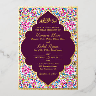 Arabian Plum Purple Gold Ornate Muslim Wedding Foil Invitation