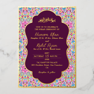 Arabian Plum Purple Gold Ornate Muslim Wedding Foil Invitation