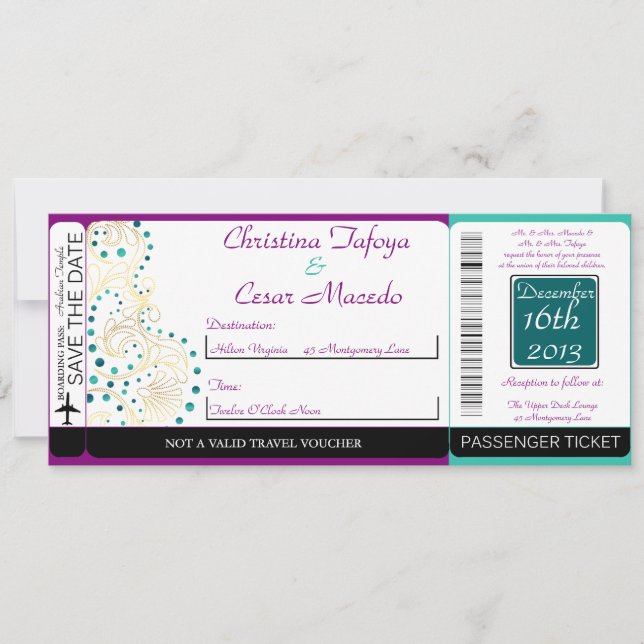 Arabian Purple Boarding Pass Wedding Invitation (Front)