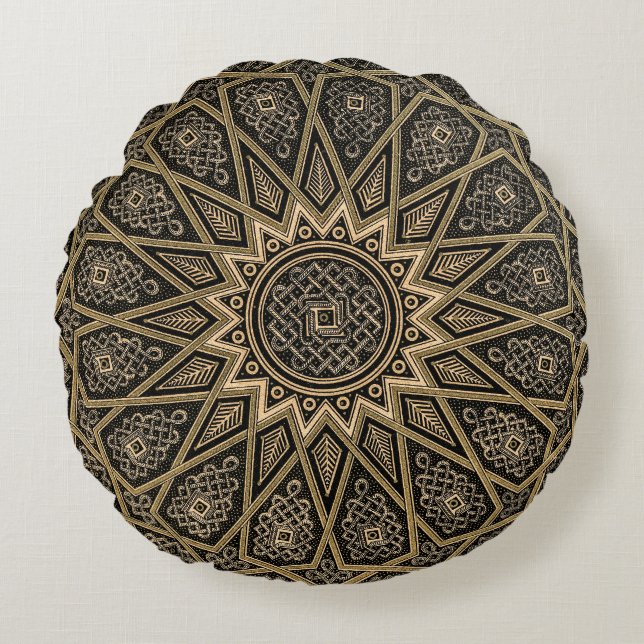 Arabian Retro Intricate Golden Brown Pattern Round Pillow (Front)