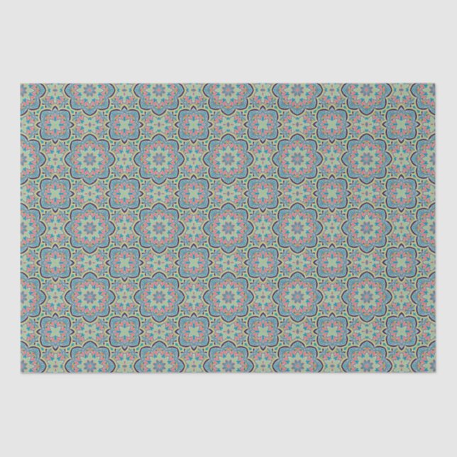 Arabic Boho Elegant Geometric Moroccan Blue Green Tissue Paper (Front)