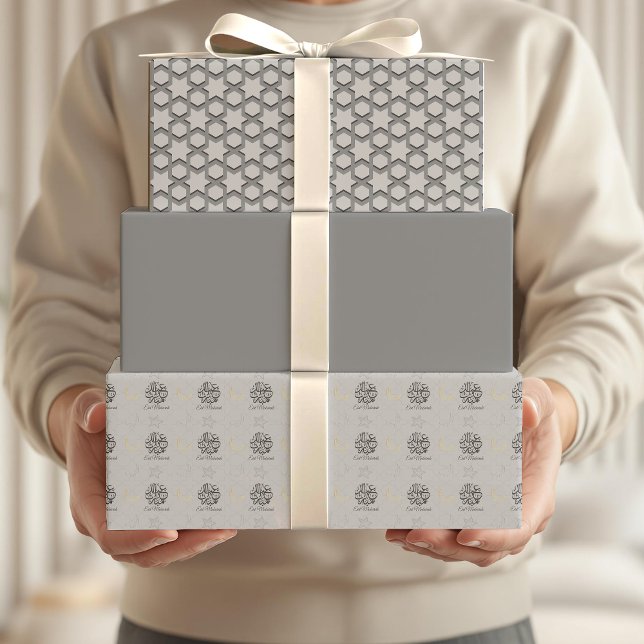 Arabic Eid Mubarak Cute Grey Star Pattern Quote Wrapping Paper Sheets (Creator Uploaded)