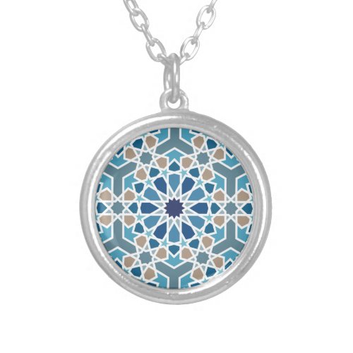 Arabic Geometric Design Pattern Silver Plated Necklace