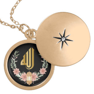 Arabic Gold Allah Calligraphy Flowers Wreath Lamp Gold Plated Necklace