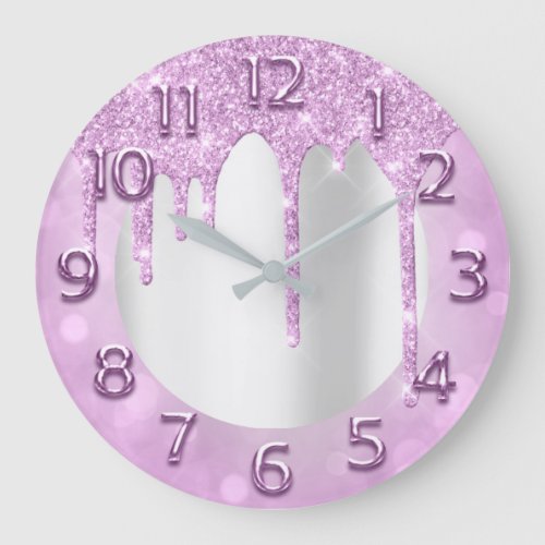 Arabic Numbers Elegant Drips Pink Glitter Grey Large Clock