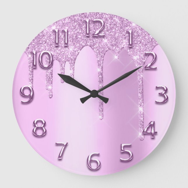 Arabic Numbers Elegant Drips Pink Glitter Rose Large Clock (Front)