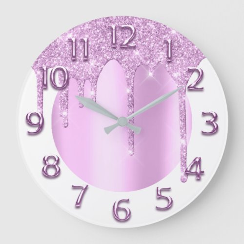 Arabic Numbers Elegant Drips Pink Glitter White Large Clock