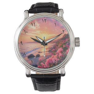 Arabic Numerals Sunset Beach Wall Clock Floral C Watch