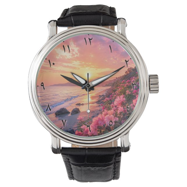 Arabic Numerals Sunset Beach Wall Clock | Floral C Watch (Front)