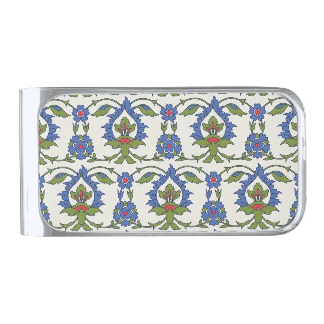 Arabic Traditional: Iznik Tile Seamless. Silver Finish Money Clip (Front)