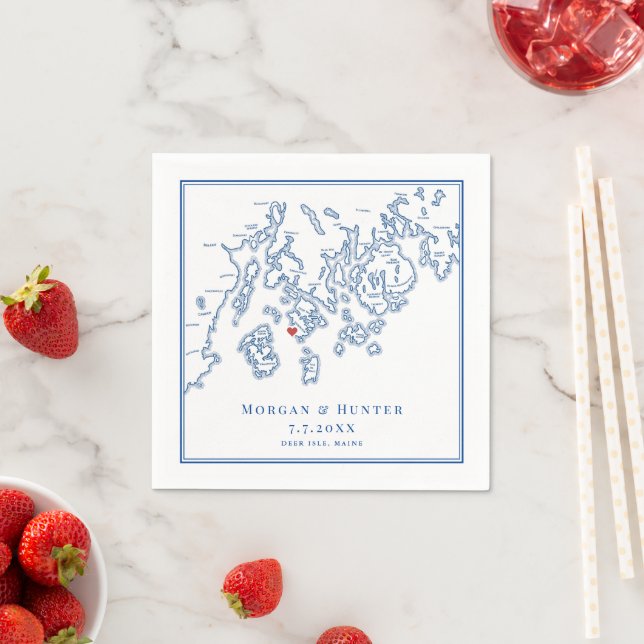 Aragosta Deer Isle Maine Map Elegant Navy Wedding Napkins (Insitu)