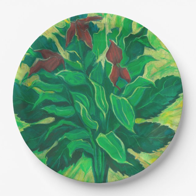 Aralia Leaf and Ochids Floral Art Pastel Painting  Paper Plates (Front)