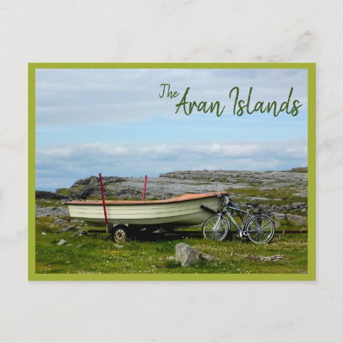 Aran Islands Boat  Bike with text Postcard