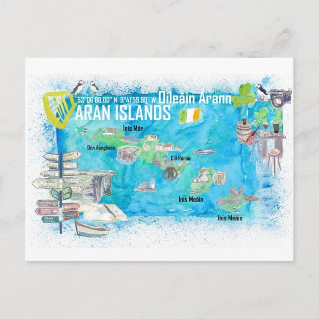 Aran Islands Ireland Illustrated Travel Map Postcard (Front)