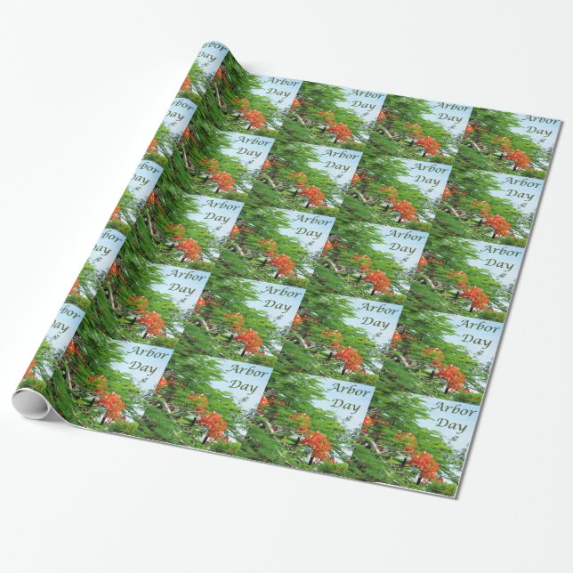 Arbor Day Red Flame Tree Wrapping Paper (Unrolled)
