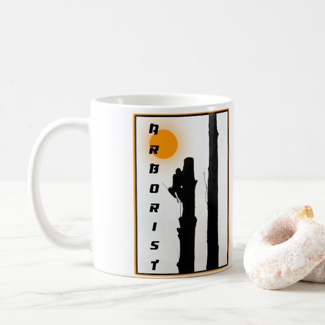 Arborists Mug: Rising sun silhouette climber Coffee Mug (With Donut)
