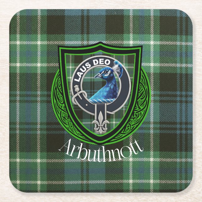Arbuthnott Scottish Clan Tartan and Crest Square Paper Coaster (Front)