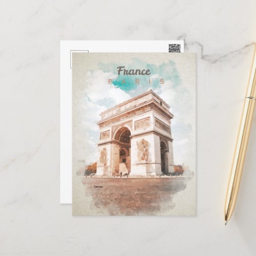 Arc de Triomphe in watercolor postcard