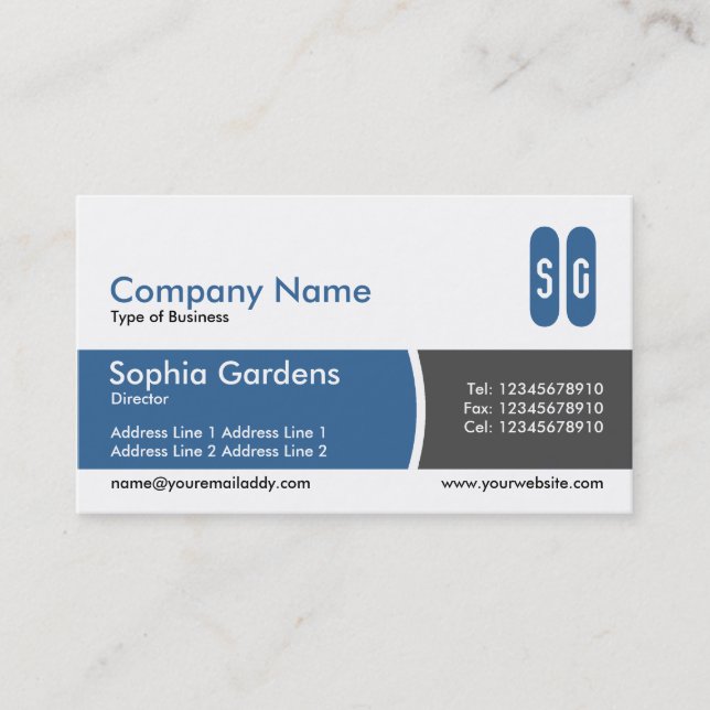 Arc Divided Band Blue and Dark Gray - Initials Business Card (Front)