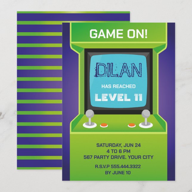 Arcade birthday, gamer birthday invitation, green invitation (Front/Back)