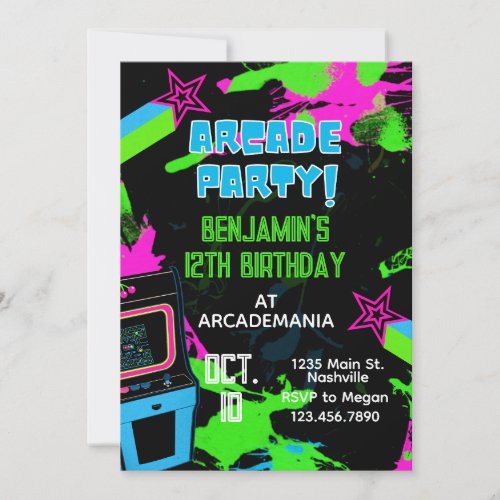Arcade Birthday Gaming Party Glow Neon 80s Invitation