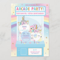 Arcade Birthday Party Girl Rainbow Unicorn Invitation