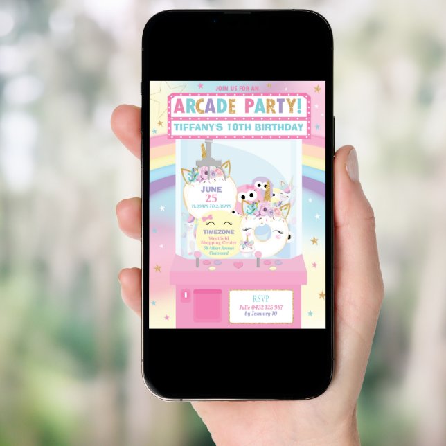 Arcade Birthday Party Girl Rainbow Unicorn Invitation (Front Digital)