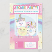 Arcade Birthday Party Girl Rainbow Unicorn Invitation