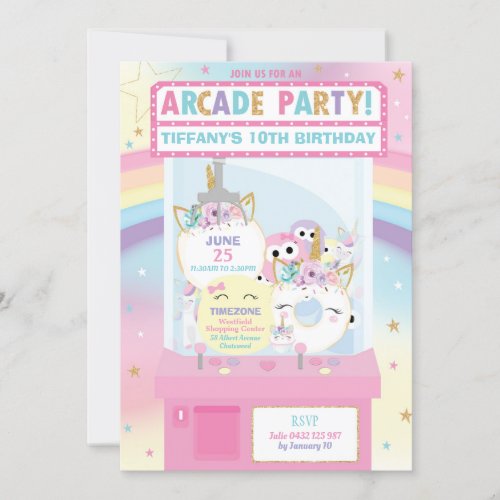 Arcade Birthday Party Girl Rainbow Unicorn Invitation