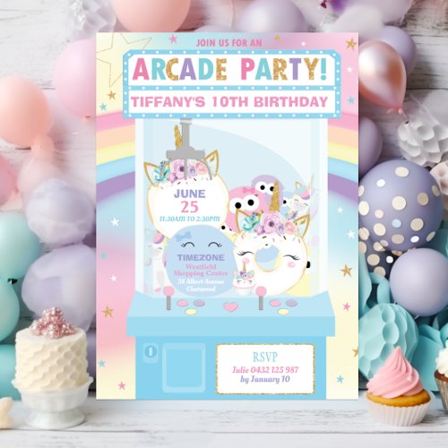 Arcade Birthday Party Girl Rainbow Unicorn Invitation