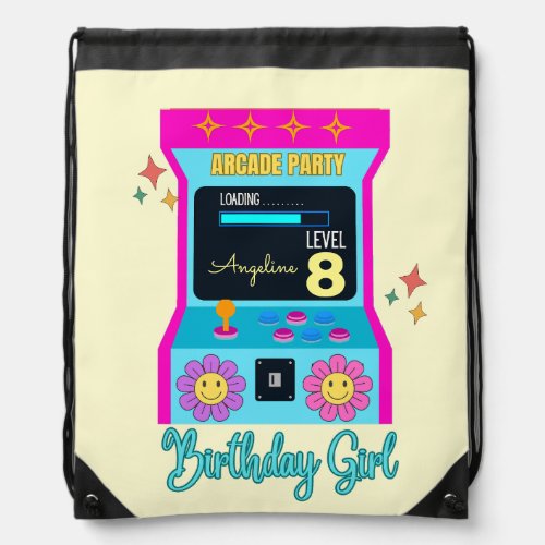Arcade Game Retro Birthday Party Blue Pink Drawstring Bag