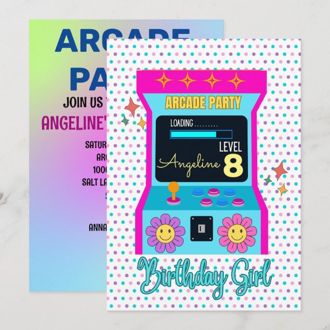 Arcade Game Retro Birthday Party Blue Pink Invitation (Front/Back)