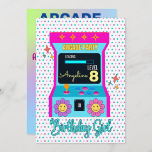 Arcade Game Retro Birthday Party Blue Pink Invitation