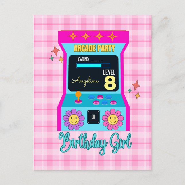 Arcade Game Retro Birthday Party Blue Pink Postcard (Front)