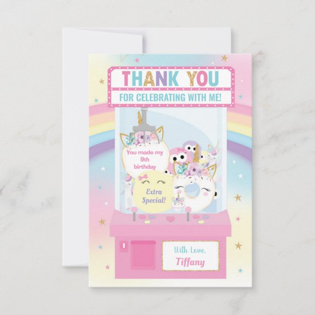 Arcade Girl Birthday Cute Pink Claw Machine  Thank You Card (Front)