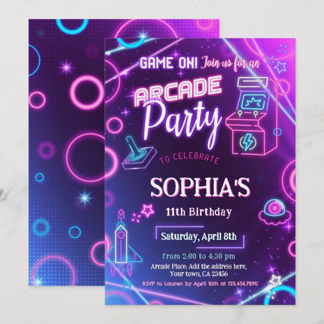 Arcade Neon Glow Birthday Party Invitation (Front/Back)