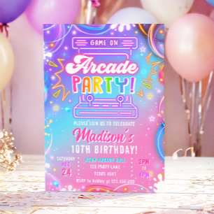 Arcade Party Game Hall Neon Glow Girl Birthday Invitation