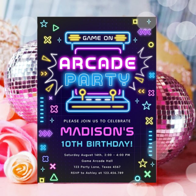 Arcade Party Glow Neon Video Game On Girl Birthday Invitation (Creator Uploaded)