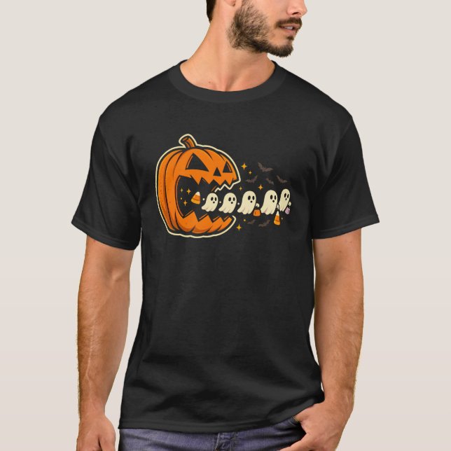 Arcade Pumpkin Chomper Halloween with Ghost Trail  T-Shirt (Front)